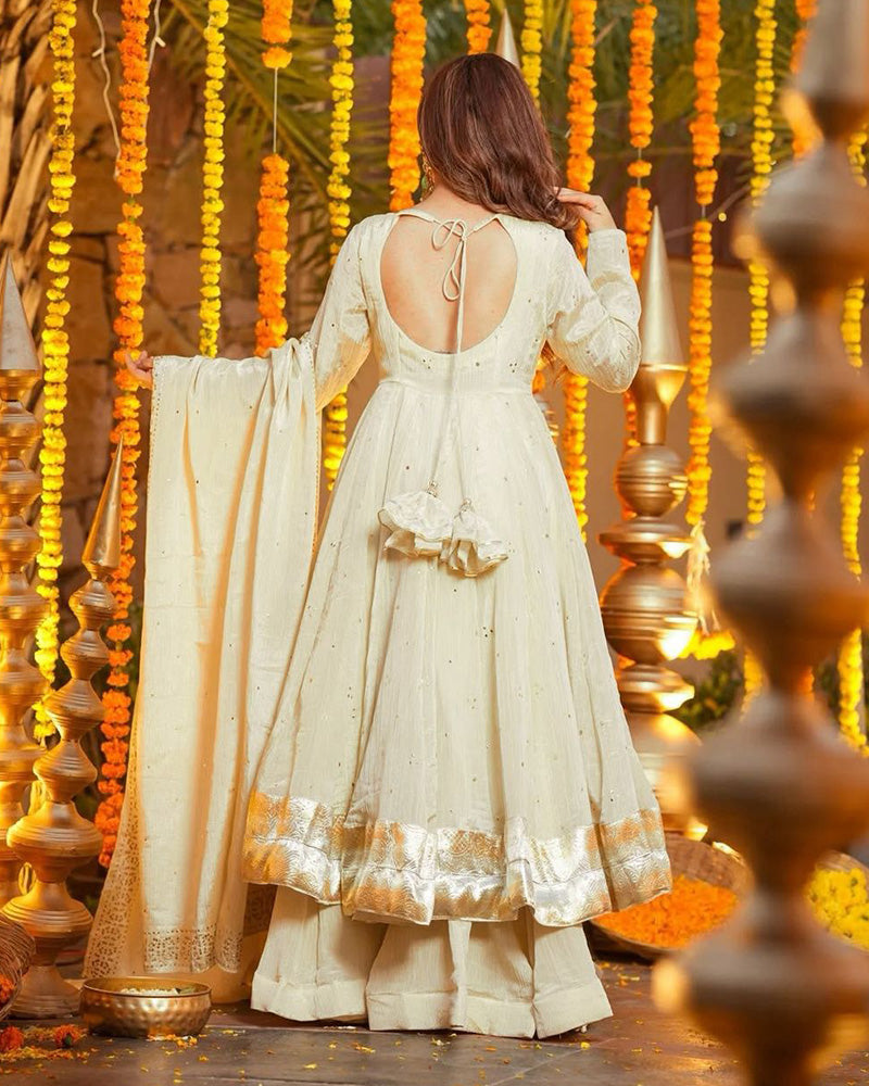 Cream Color Chinnon Silk Mukaish Work Plazzo Suit