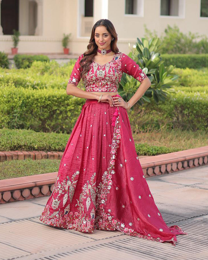 Tomato Color Gold Crush Embroidered Lehenga Choli