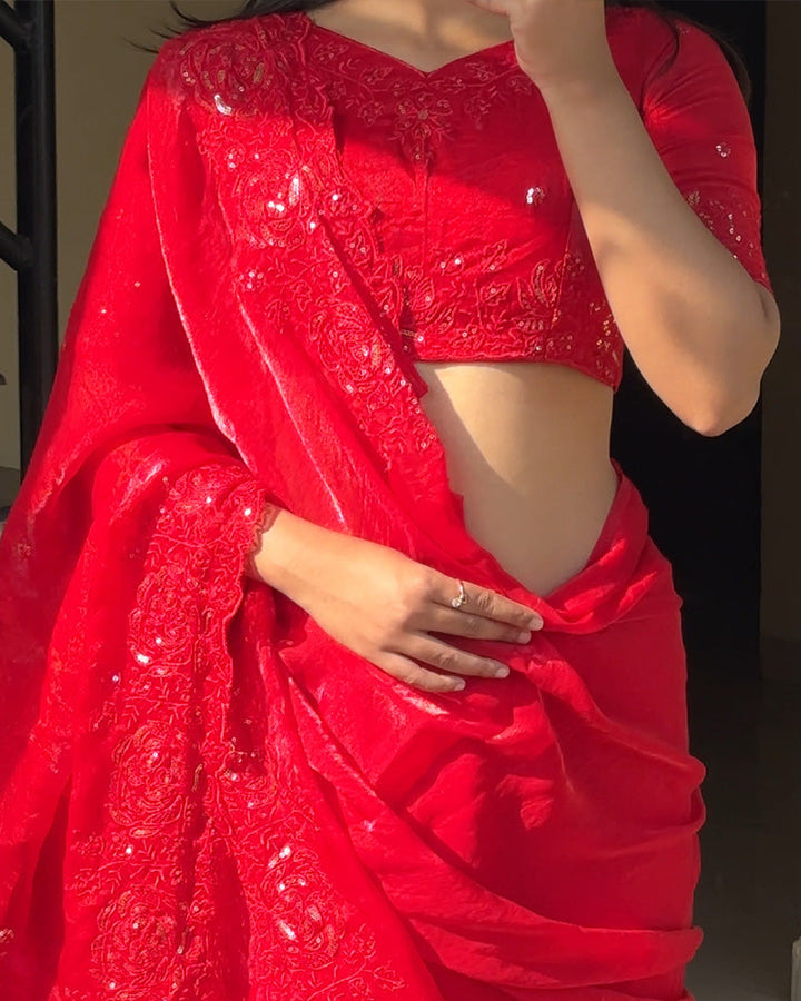 Red Color Space Silk Sequence Embroidered Saree