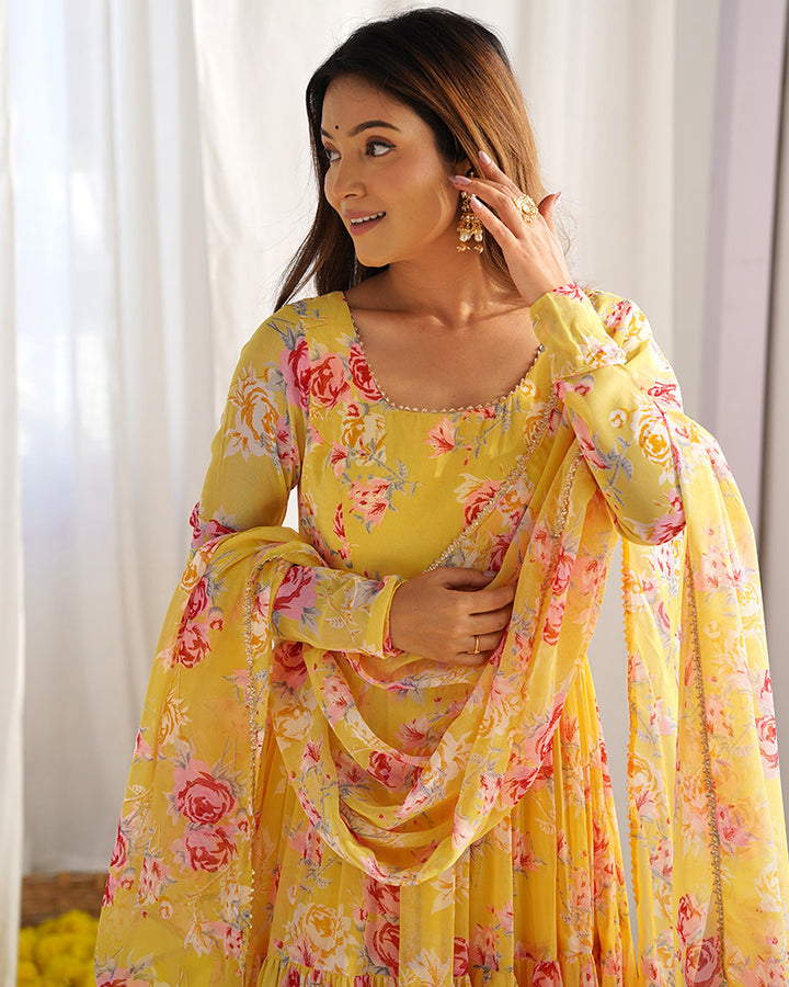 Floral Print Yellow Color Georgette Frill Anarkali Suit