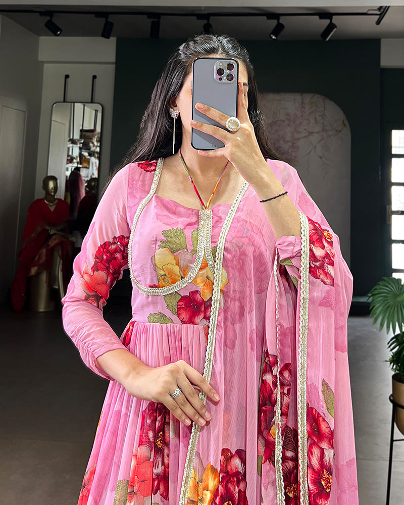 Light Pink Color All Over Floral Printed Chiffon Gown