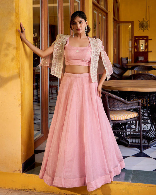 Peach Pink Color Allnene Crush Embroidered Lehenga Choli