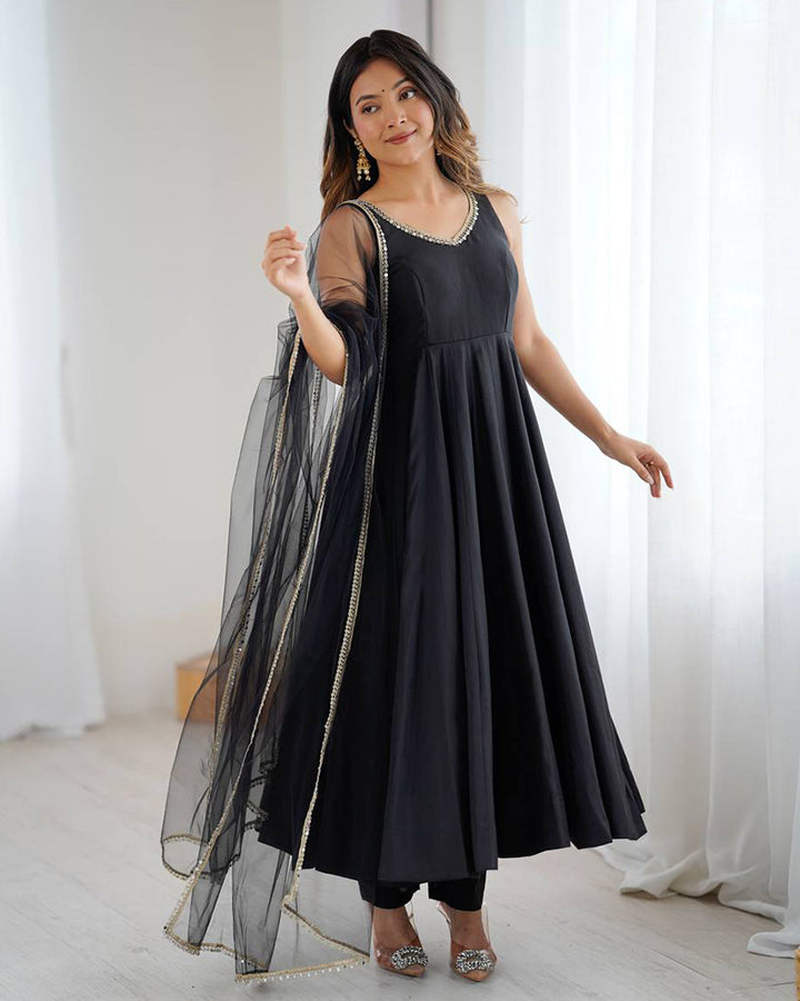 Designer Black Color Roman Chanderi Silk Anarkali Suit