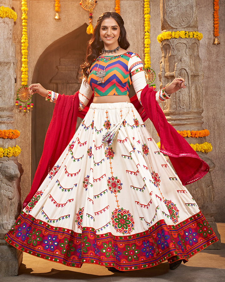 Pearl White Color Viscose Rayon Thread Embroidered Navratri Lehenga Choli