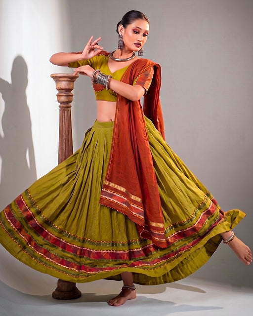 Olive Yellow Color Dhabu Cotton Navratri Lehenga  Set