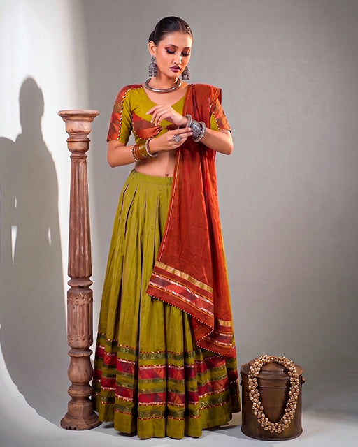Olive Yellow Color Dhabu Cotton Navratri Lehenga  Set