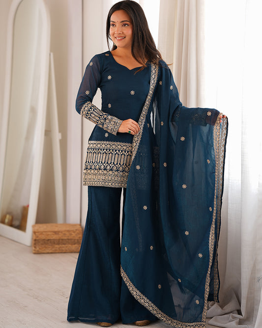 Teal Blue Color  Embroidered Crunchy Silk Plazzo Suit