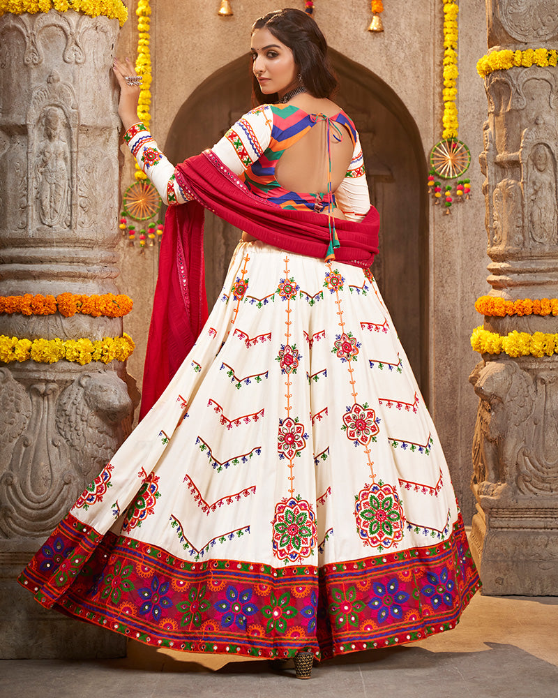 Pearl White Color Viscose Rayon Thread Embroidered Navratri Lehenga Choli