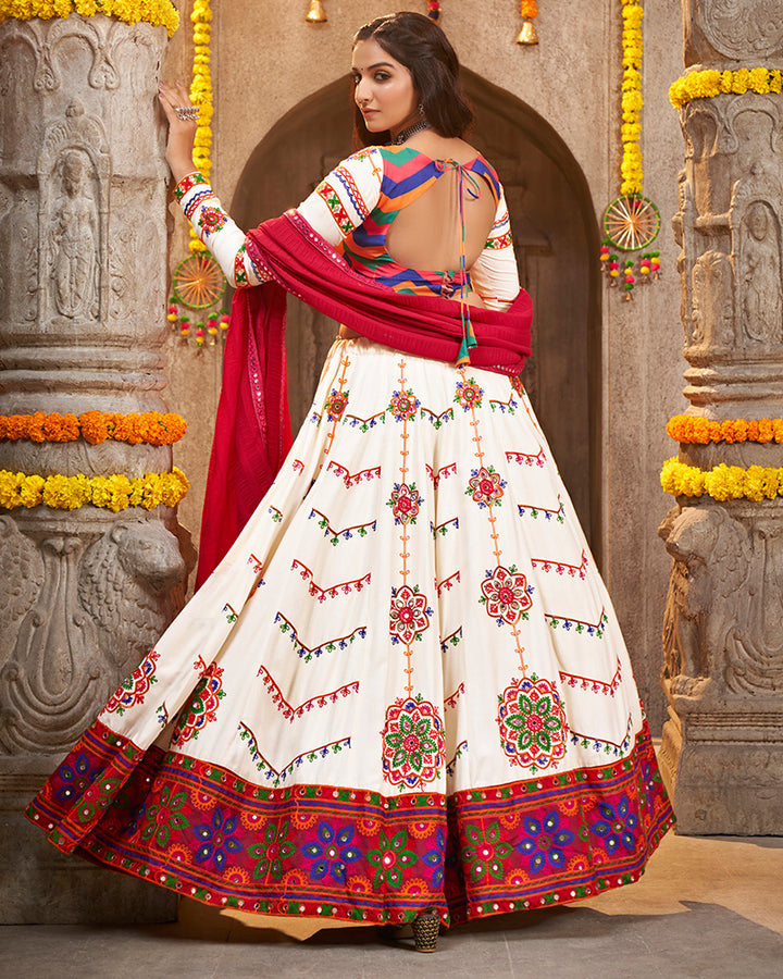 Pearl White Color Viscose Rayon Thread Embroidered Navratri Lehenga Choli