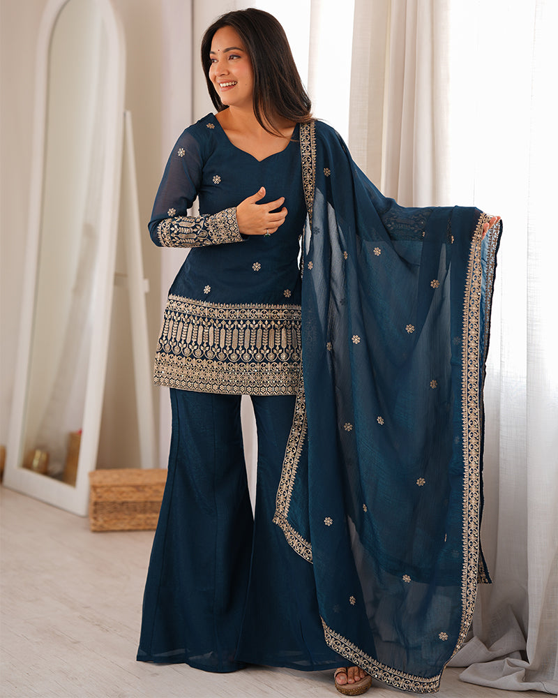 Teal Blue Color  Embroidered Crunchy Silk Plazzo Suit