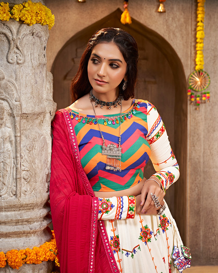 Pearl White Color Viscose Rayon Thread Embroidered Navratri Lehenga Choli