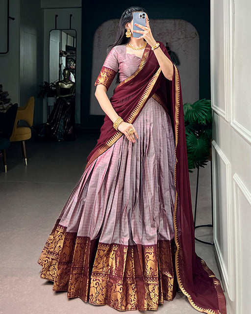 Smoky Luvender Color Poly Cotton Chex Half Saree