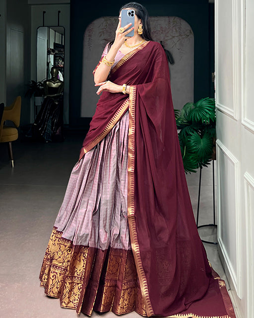 Smoky Luvender Color Poly Cotton Chex Half Saree