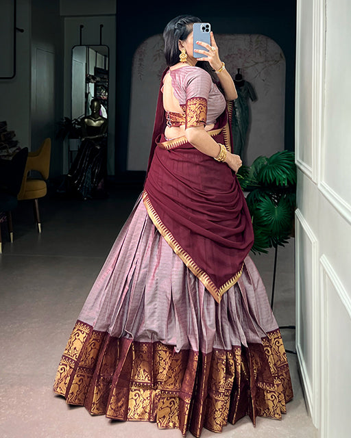 Smoky Luvender Color Poly Cotton Chex Half Saree