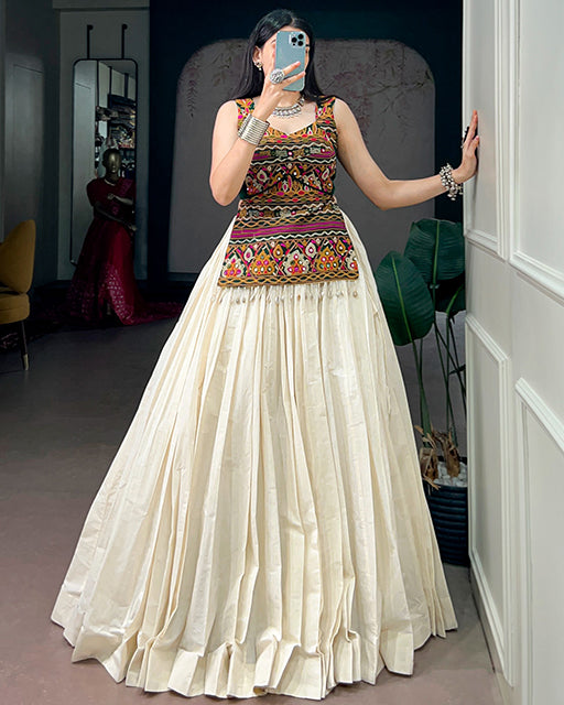 Off White Color Kora Cotton Navratri Lehenga Choli