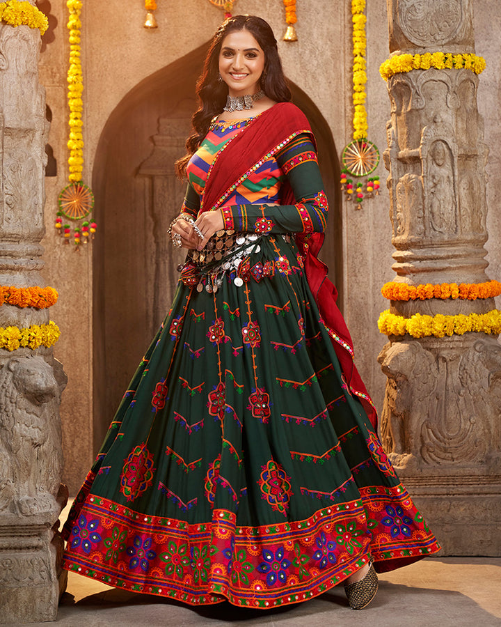 Green Color Viscose Rayon Thread Embroidered Navratri Lehenga Choli