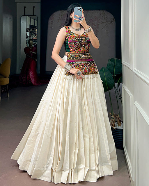 Off White Color Kora Cotton Navratri Lehenga Choli