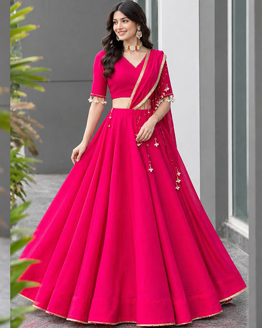 Elegant Rani Pink Color Roman Silk Navratri Lehenga Set