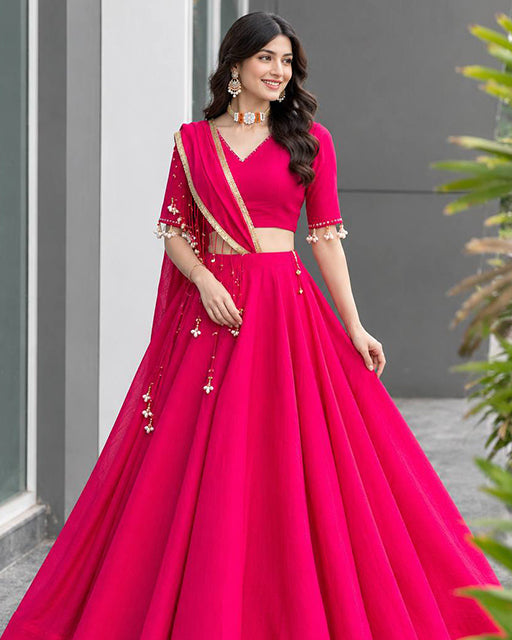 Elegant Rani Pink Color Roman Silk Navratri Lehenga Set