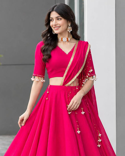 Elegant Rani Pink Color Roman Silk Navratri Lehenga Set