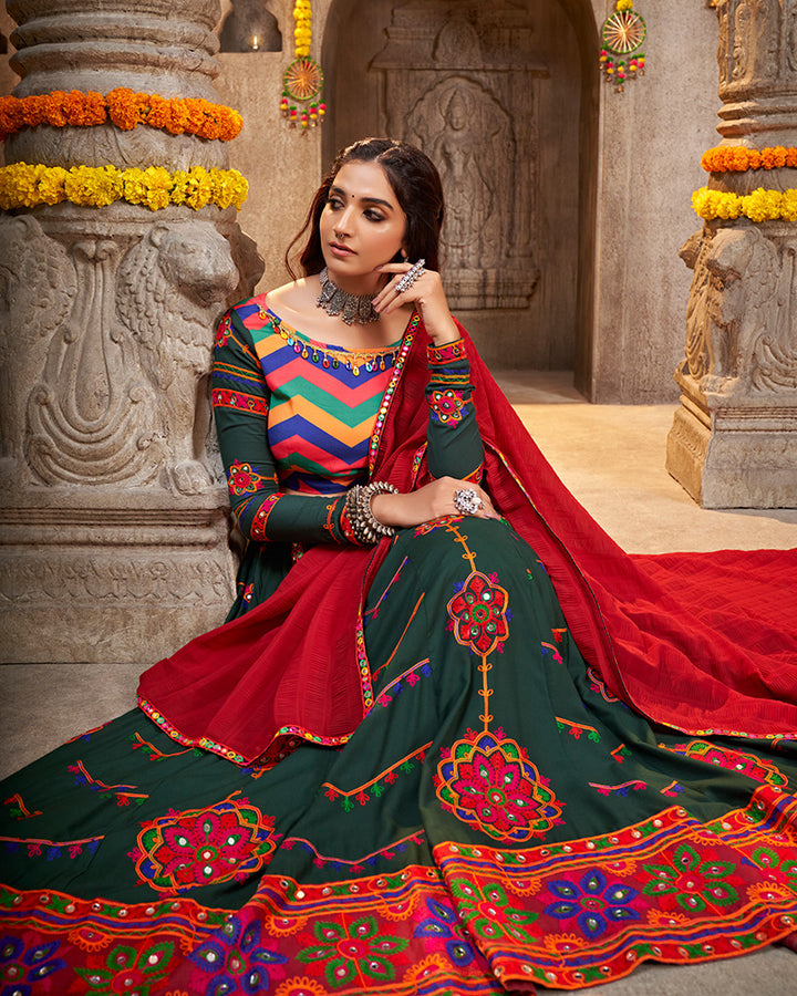 Green Color Viscose Rayon Thread Embroidered Navratri Lehenga Choli