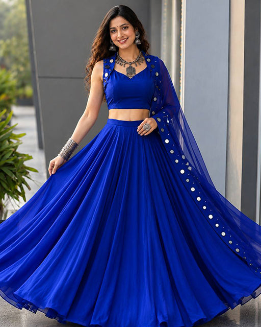 Three Color Cotton With  Mirror Work Navratri Lehenga Set