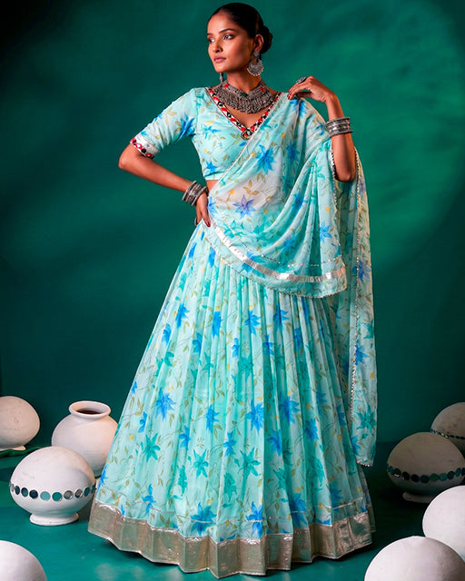 Sky Blue Color Floral Tabby Silk Navratri Lehenga Choli