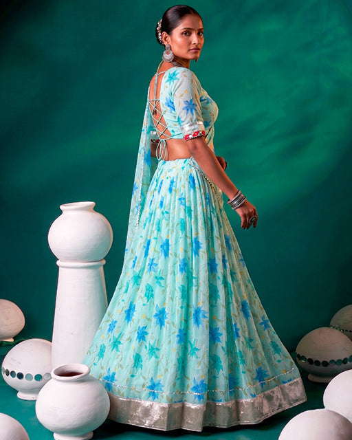 Sky Blue Color Floral Tabby Silk Navratri Lehenga Choli
