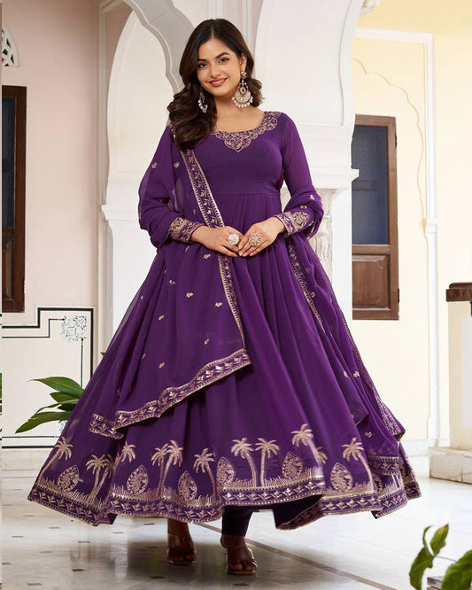 Royal Purple Color Georgette Sequence Embroidered Gown