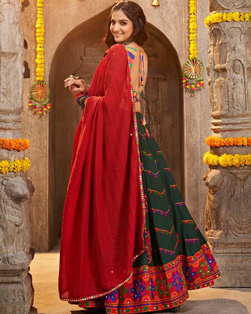 Green Color Viscose Rayon Thread Embroidered Navratri Lehenga Choli