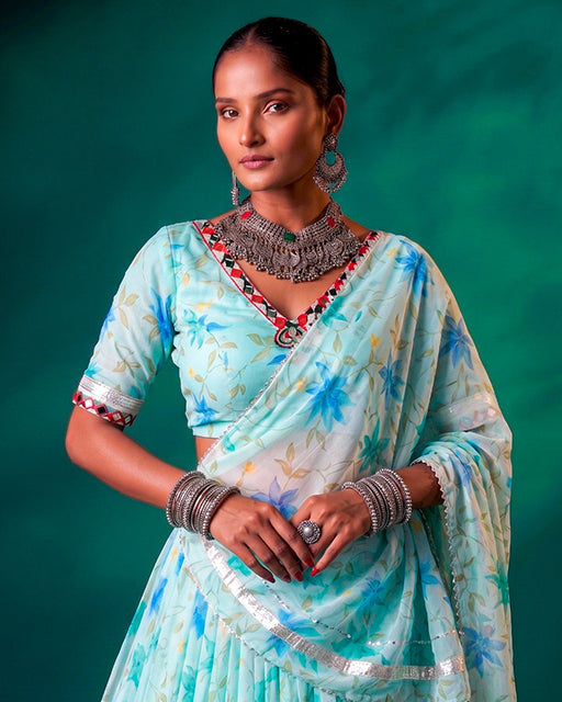 Sky Blue Color Floral Tabby Silk Navratri Lehenga Choli