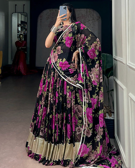 Rani Pink Color Floral Print  Georgette Navratri  Lehenga Choli