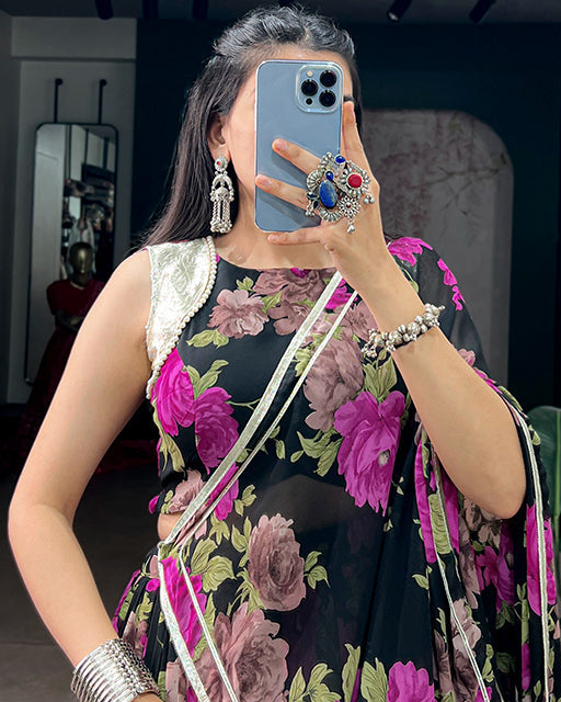 Rani Pink Color Floral Print  Georgette Navratri  Lehenga Choli