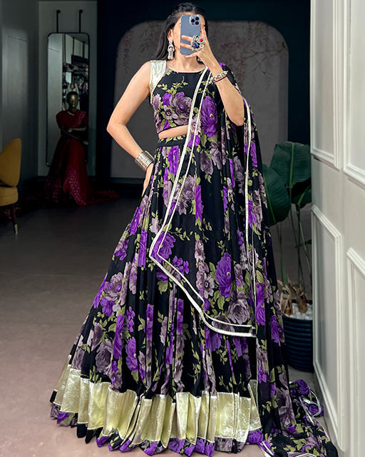 Purple Color Floral Print  Georgette Navratri  Lehenga Choli