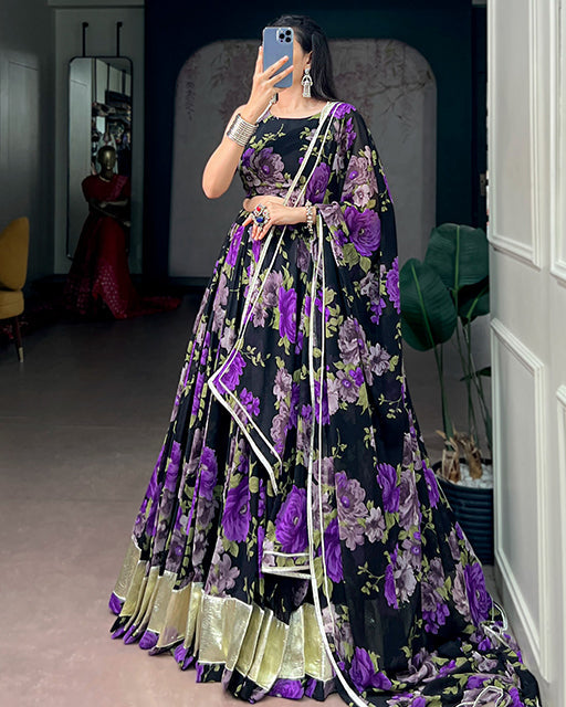 Purple Color Floral Print  Georgette Navratri  Lehenga Choli