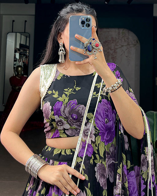 Purple Color Floral Print  Georgette Navratri  Lehenga Choli