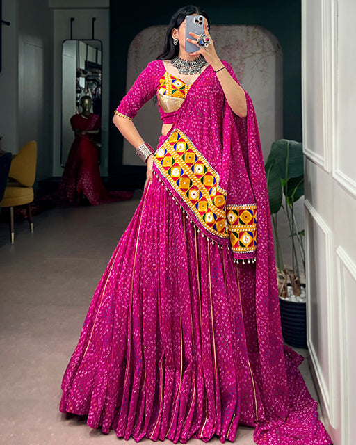 Designer Rani Pink Color Georgette Bandhani Print Navratri Lehenga Choli