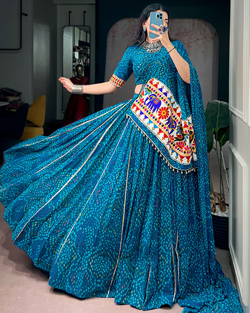Designer Blue Color Georgette Bandhani Print Navratri Lehenga Choli