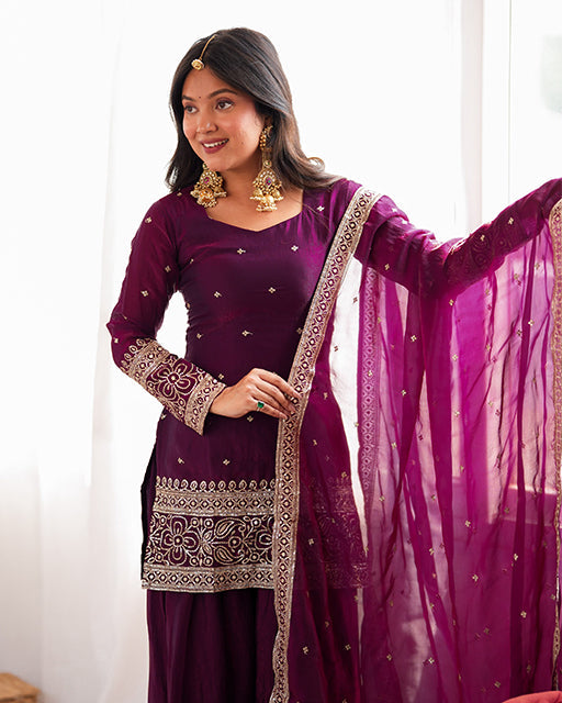 Wine Color Fendi Silk Embroidered Suit