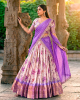 Purple Color Dola Chex Floral Printed Half Saree