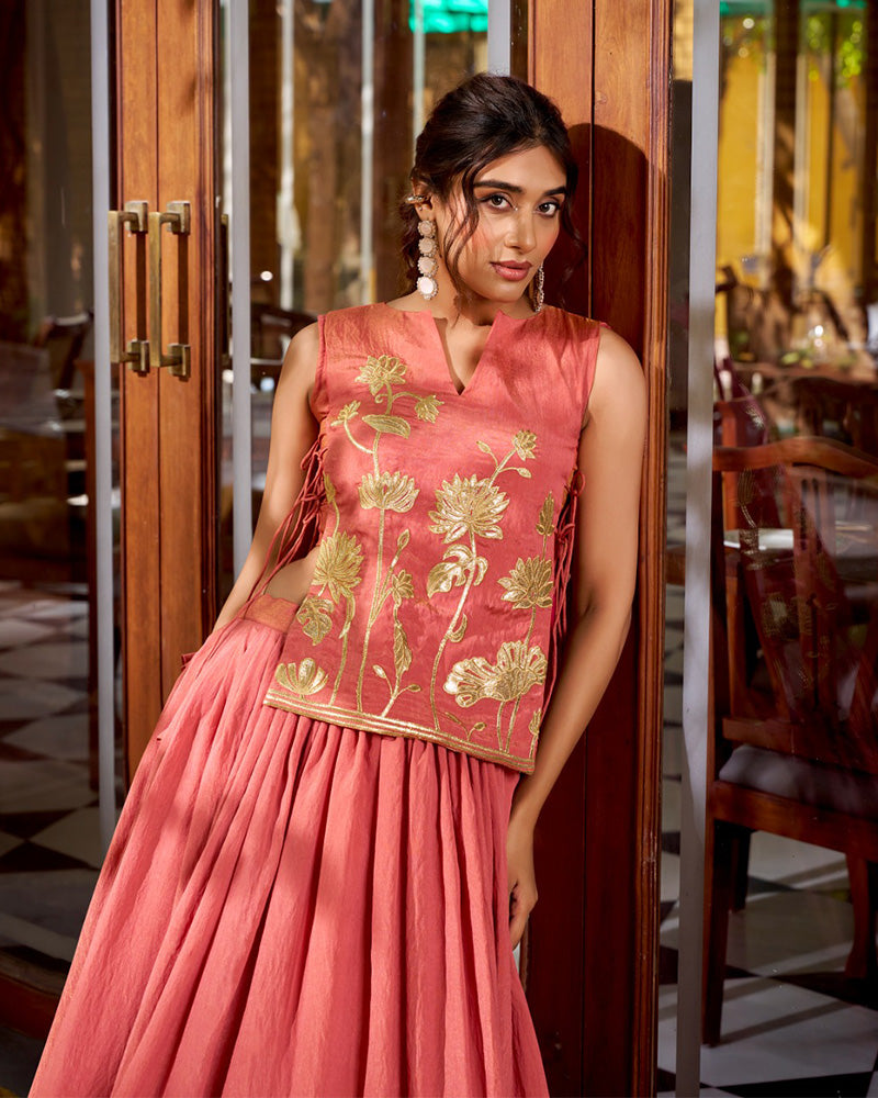 Peach Color Pure Shimmer Embroidered Lehenga Choli