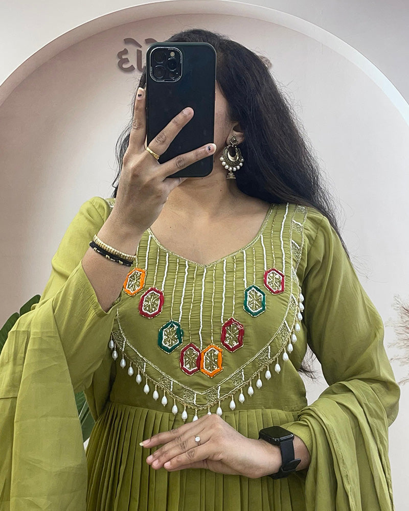 Olive Green Color Pure Mal Chanderi Plazzo Suit