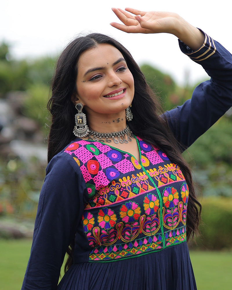 Designer Navy Blue Flared Navratri Gown With Mirror Work Yoke