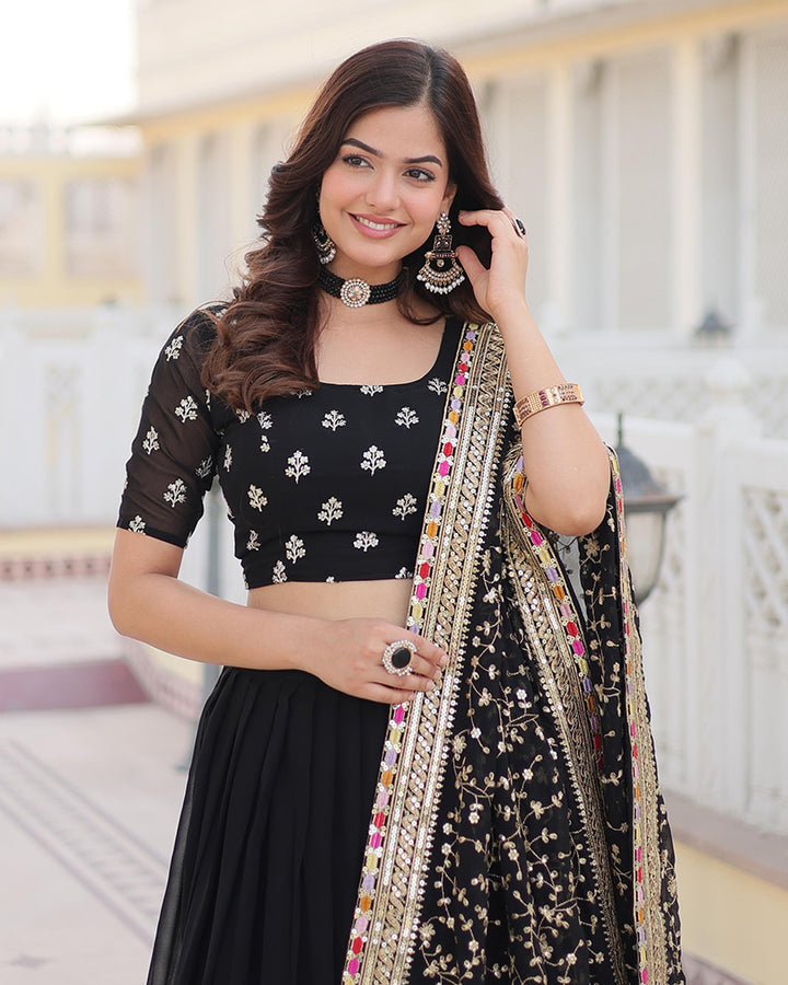 Wedding Wear Black Color Georgette Embroidery Lehenga Choli