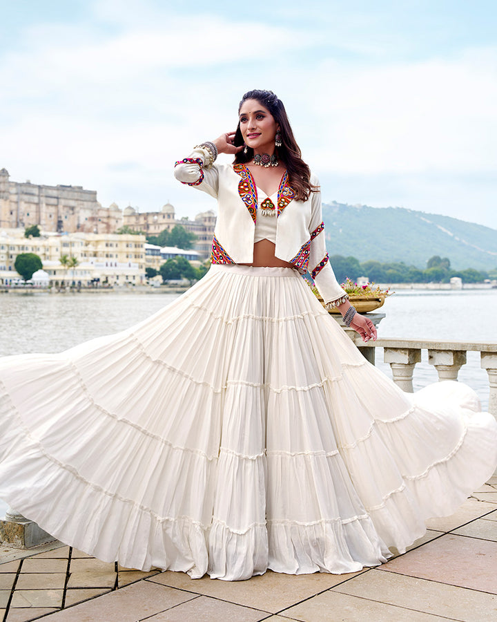 White Color Pure Rayon Ruffle Style Navratri Lehenga Choli