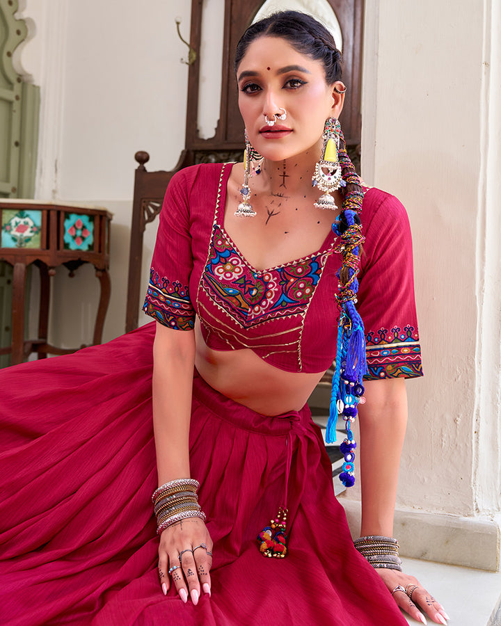 Pink Color Tasar Silk Gamthi Printed Navratri Lehenga Choli