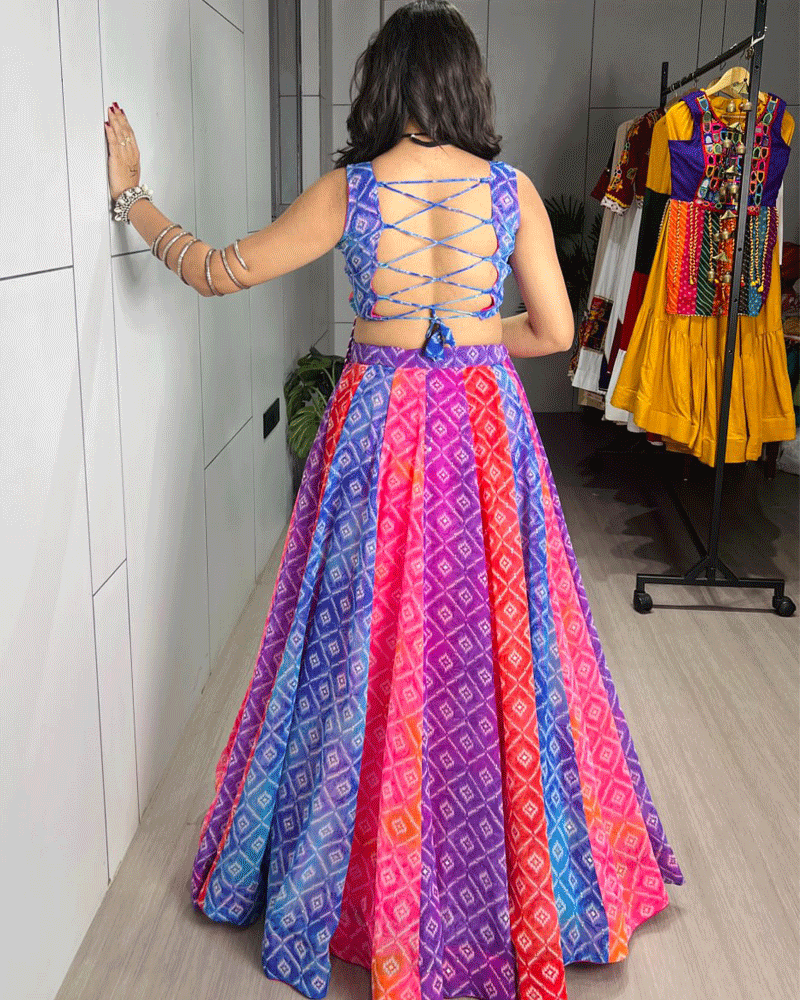 Multi Color Faux Georgette Foil Printed Navratri Lehenga Set
