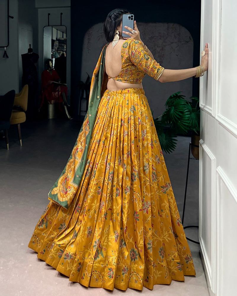 Mustard Color Tasar Silk Foil Printed Lehenga Choli