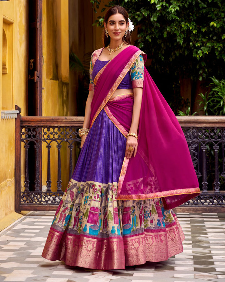 Purple Color Poly Chanderi Kalamkari Printed Lehenga Choli