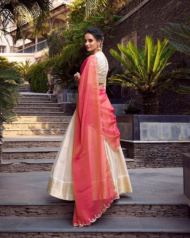 Designer Off-White Color Jacquard Chex Lehenga Choli